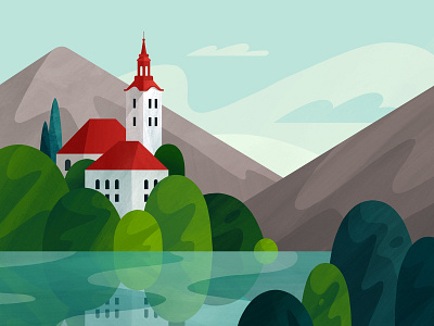 10.15 AM at Lake Bled illustration lake landscape morning mountains nature procreate summer