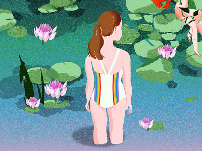 Cheating Nudist Dad bathing suit editorial illustration water lilies