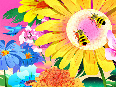 Attracting Visitors bees bird bright color colorful floral flower hummingbird illustration nature sunflower