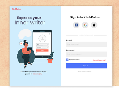 Sign in page for Kitabkalam app branding design graphic design illustration logo typography ui ux vector