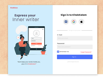 Sign in page for Kitabkalam