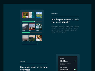 Sleep app: Motivates you to sleep on time! 3/6 appdesign calltoaction clean cleandesign design events green landingpage product ui ux ux design