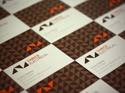 Thrice Electrical Business Cards brown card electric electrical geometric orange pattern print three thrice trade triangle