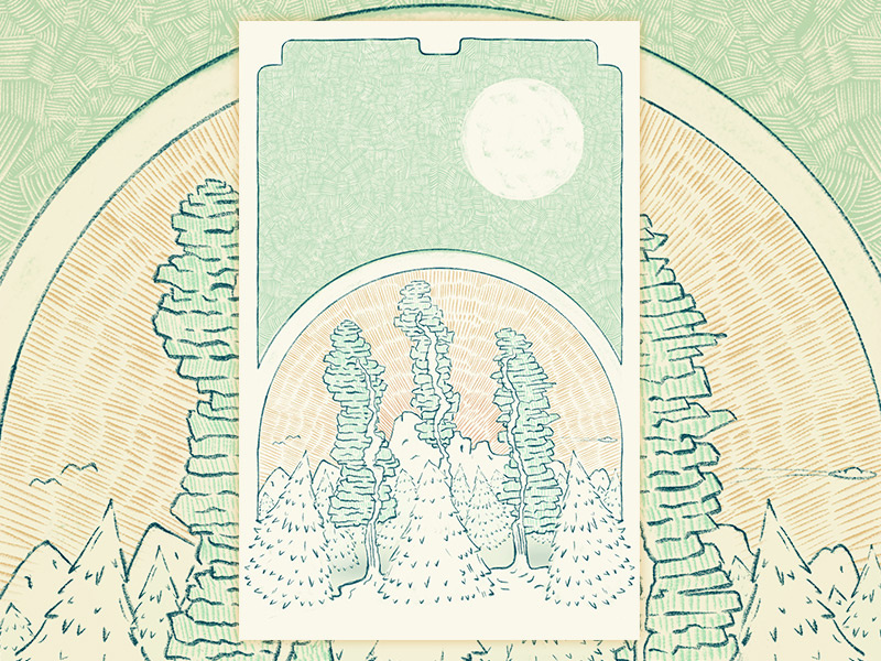Work in Progress gig poster gig posters outer space moon sun arch snow pine tress yellow orange green sciart illustration sci-fi space ufo mountain stones