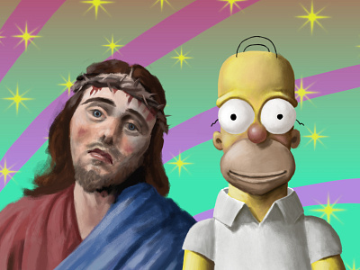 Double portrait: Jesus & Homer 2d concept art cool digital painting digital portrait friends funny homer illustration jesus juxtaposition portraits psychedelic