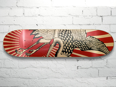 Hand Painted Deck 1shot black brushwork crane deck enamel japan red skateboard