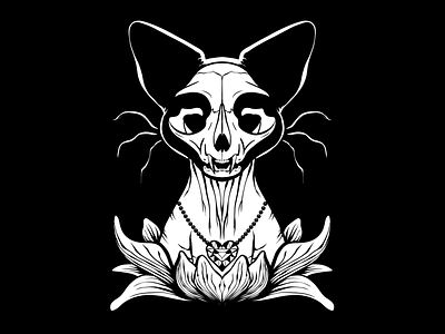 Blossoming animal skull black and white illustration blossom cat skull creepy dark art darkness flower hairless cat heart pendant scary skull sphynx cat symmetrical illustration whiskers