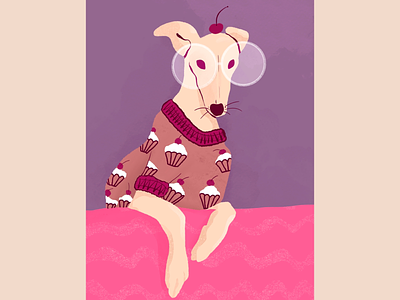 With a Cherry on Top - Greyhound Illustration animal portrait cherry cupcakes dog glasses greyhound illustration italian greyhound spanish greyhound sweater whippet