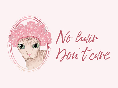No Hair Don't Care - Sphynx Cat in a Pink Shower Cap bald cat cat cat drawing cat illustration cat lady digital illustration funny drawing funny illustration hairless cat illustration kitty kitty illustration naked cat sphynx cat