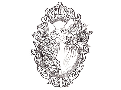 Sphynx&Roses - Line Drawing animal portrait black and white cat hairless cat kitty ornamental frame roses sphynx sphynx cat