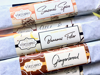 Virtuoso Confections - Gourmet Caramel Bars Packaging Design caramel bars confectionary confections gourmet caramels gourmet sweets packaging