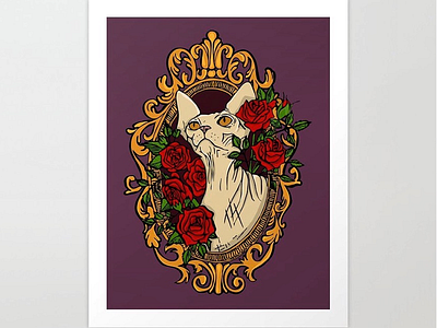 Sphynx cat in baroque frame with red roses - illustration