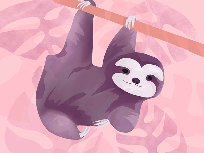 Sloth hanging off a branch in a pink jungle