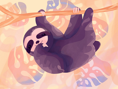 Happy sloth hanging off a branch