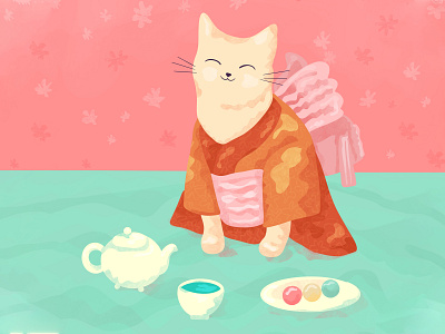 Cute Cat in a Kimono Enjoying Matcha and Dango adorable cat cuisine cute dango digital illustration flat detailed illustration japanese kimono kitty matcha smiling sweet tea texture