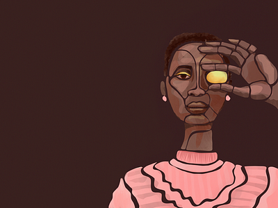 Shorthaired girl holding a kumquat over her eye african american black character digital illustration frilly blouse girl kumquat model modular person procreate