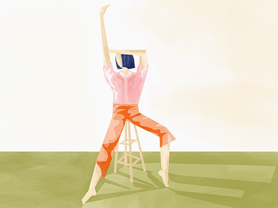 Girl stretching on a tall stool airy bob capri pants chracter digital illustration girl light person pink blouse stool stretching