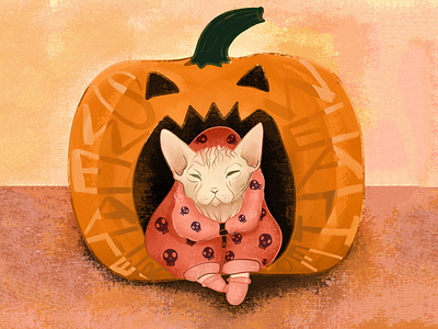 Sphynx Cat Wearing a Skull Hoodie digital illustration gouache hairless cat halloween jack o lantern pumpkin skulls sphynx sphynx cat texture