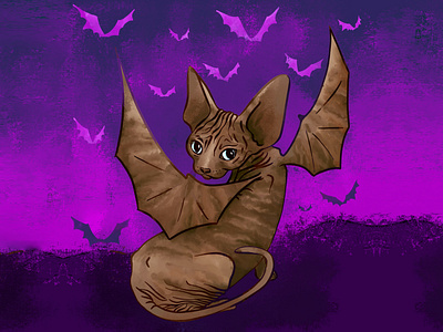 Sphynx kitten with bat wings cat digital hairless cat halloween illustration procreate scary tabby
