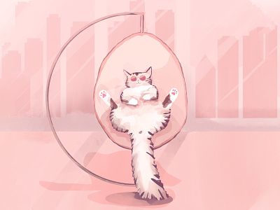 Fluffy cat chilling in a nest hammock, wearing sunglasses bubblegum pink cat chilling cat in sunglasses fluffy cat hammock illustration illustration digital monochromatic nest no outline persian cat procreate relaxing