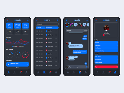 Dark Mode App charts chat dark layout dark mode dashboard direct messaging donut chart line chart messaging mobile mobile app mobile design table ui ux