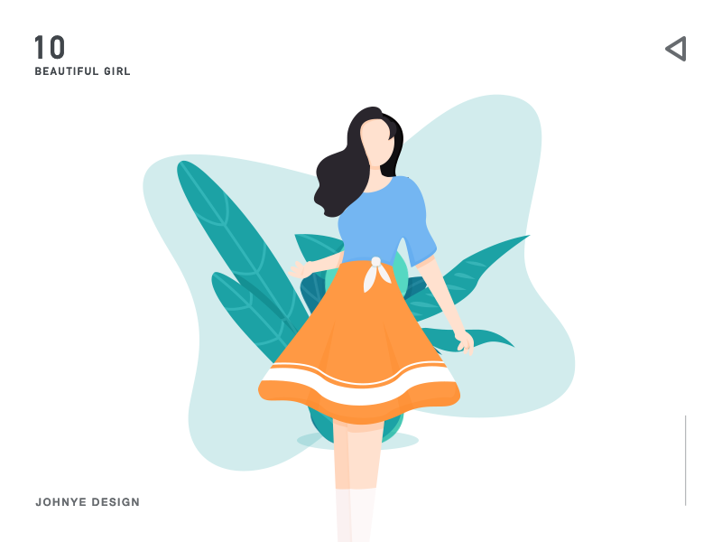 Beautiful girl hairstyle legs socks ten woman shirt leaf vector white green 2d icon ui orange skirt plant grass blue web illustration