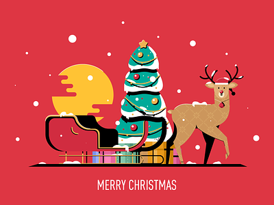Merry christmas christmas color deer gift green happy holiday illustration present red snow tree winter xmas