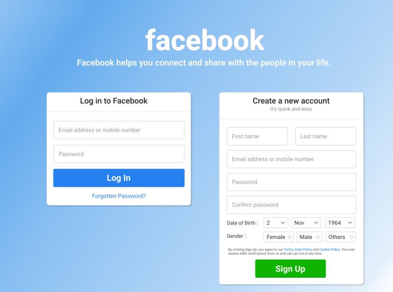 Facebook landing page by Soumyajit Kundu on Dribbble