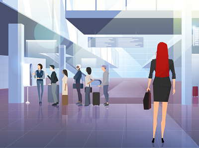 Airport adobe illustrator airport businesswoman characterdesign couple gradient illustration people queue redhead suitcase travel trip