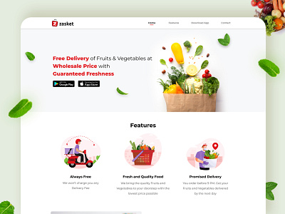 Zasket online super market design features fresh colors groceries icons illustraion langing page minimal ui ux vegetable website design