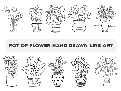 hand drawn Spring flowers in pots doodle, House plants botany