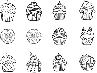 Set of isolated hand drawn cupcake Doodle line art vector party