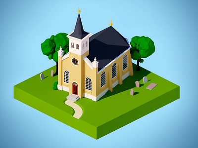 Small church 3d church isometric landscape medieval render sketchup