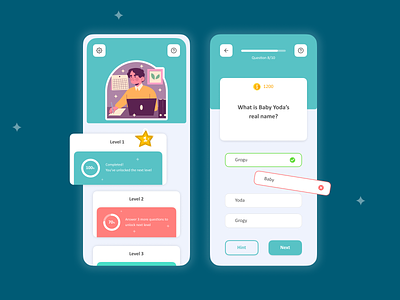 Quiz App app app design design education game ui games graphic design illustration knowledge levels quiz quiz app quiz game school score scoring trivia typography ui ux