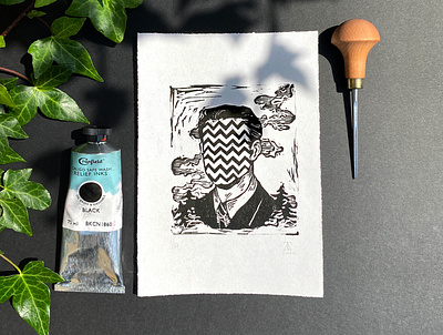 The Strange Man. drawing illustration linocut portrait printmaking