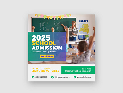 School Admission Social Media Instagram Post Template admission back to school banner branding class college creative design design education facebook post graphic design instagram post kids learning primary scholarship social media banner social media post student study