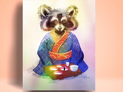 Raccoon in Asian kimono