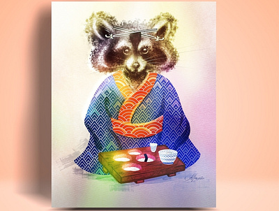 Raccoon in Asian kimono