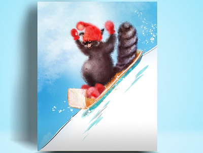 Funny raccoon sledding animal card christmas decor hat illustration raccoon red santa sledding snow white winter