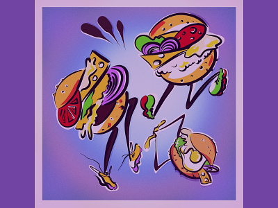 Dancing burgers burger character color dance delicious designvintage food illustration print style