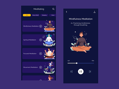 Meditation App app design illustration med meditation phone relax sleep strees ui uiux ux uxui vector