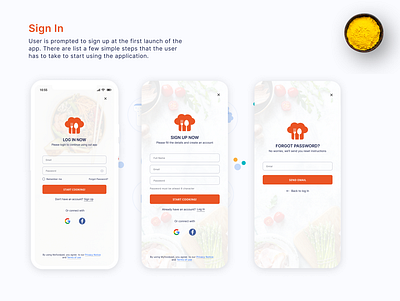 Sign In screens of Myfoodpad recipe app app design design figma illustration mockups ui ui design ui ux visual designs