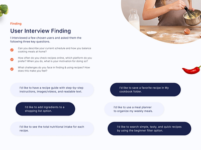 User interview finding of Myfoodpad recipe app app design design figma illustration mockups ui ui design ui ux visual designs