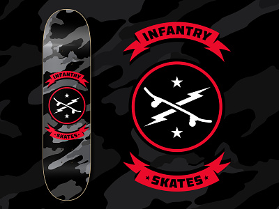 Infantry Skates Logo Deck badgedesign bolt bradford bradford design branding camo infantry military skate skate design skateboarding skateboarding art skatedeck