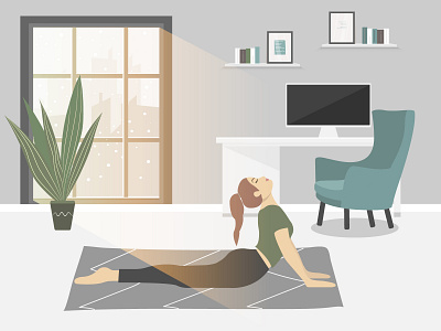 Woman doing exercise in cozy modern interior design girl graphic design health houses illustration interior meditation portrait relax vector yoga