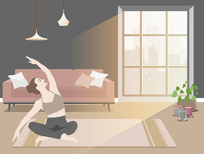 Woman doing exercise in cozy modern interior design girl graphic design home houses illustration portrait stay home vector yoga