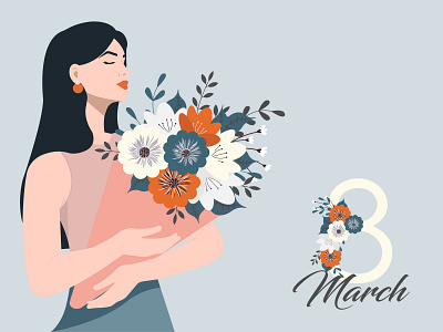 A beautiful woman with bouquet of spring flowers 8 march card design girl graphic design greeting card illustration portrait vector womans day