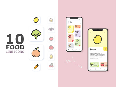 10 colourful food set line Icons app branding design food fruits graphic design icons illustration logo vector vegetables