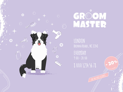 A cute dog illustration for a grooming salon accessories australian sheperd banner bathroom border collie branding bubbles card catroon cute design dog graphic design grooming illustration kawaii logo salon typography vector
