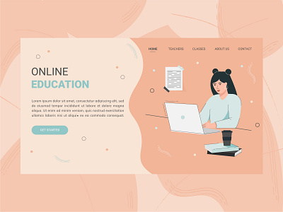 Landing page. Cute girl in flat style takes online training